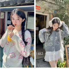 Hnewly Cute Floral Knitted Cardigan for Women Cozy O-neck Button Front Sweater Jacket Teen-girl Fall Winter Korean Fashion Outfit