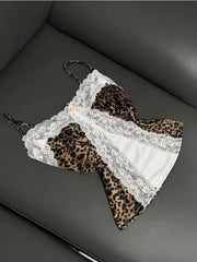 Hnewly Leopard Print Lace Camisole Women Y2K Sexy V-neck Sleeveless Bralette Floral Slim Fit Christmas Aesthetic Winter Wear Vest Soft