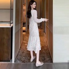 Hnewly Vintage Floral Trumpet Dress Women French Sweet Long Sleeve Fairy Midi Dress Female Autumn Evening Elegant Princess Dresses