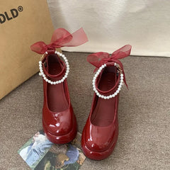 Hnewly Mary Jane Shoes Women's Spring New Ultra-high Heel Pearl Chain with Platform Block Heel Wedding Shoes Lolita Shoes