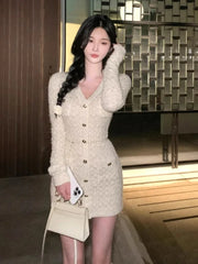 Hnewly DRESS TO IMPRESS French Elegant Slim Knitted Dress Short Party One Piece Dress Korean Fashion Winter Sexy Bodycon Y2k Mini Dress Woman Chic