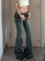 Hnewly Woman American Style Jeans Aesthetics Denim Kpop Pants Gyaru Trousers High Street Bell Pockets Bottoms Zipper Low Waist