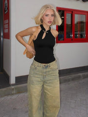 Hnewly Cheongsam Buckle Tank Tops Women Y2K Summer Trend Basic Classic Hollow Solid Simple Street Stretch Daily Chic Vest