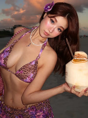 Hnewly Leopard Flower Print 3 Piece Set Women Halter Bra+Strap Shorts+Ruched Skirts Vacation Trend Beach Party Bikini Suits