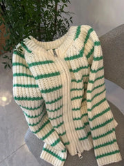 Hnewly Green Striped Zippered Sweater Knitted Cardigan Women's Spring Autumn O-Neck Top New Loose Harajuku Long Sleeved Outwear