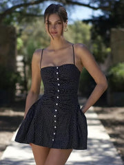 Hnewly Speckled Print Dress Women Summer Spaghetti Strap Sleeveless Single-Breasted Pleated Midnight Club Party Mini Bodycon