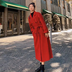 Hnewly New Large Size Hepburn Style Red Woolen Coat for Women Autumn and Winter Fat Mm Loose Long Thick Woolen Coat
