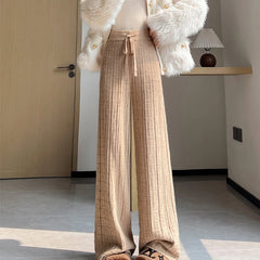 Hnewly Solid Color Knitted Jacquard Pants Women Drawstring High Waist Trousers Woman Casual Elastic Waist Wide Leg Pants Mujer