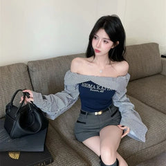 Hnewly American Retro Striped Slim Fit Shirts Women Y2k Off Shoulder Long Sleeved Blouses Korean Fashion Letter Print Tops Mujer