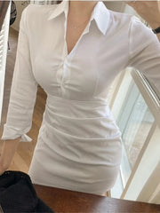 Hnewly business casual outfits Sexy Polo Elegant White Mini Dress Goddess High Waist Slim Shirt Long Sleeve Tight Hip Dresses OL Sexy Korean