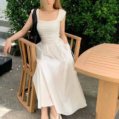 Hnewly Elegant Stitching Dress Female Korean Chic Square Collar Short Sleeve Beach Party Dress Ladies High Waist All-Match A Line Dress