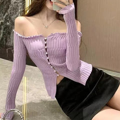 Hnewly Women Rib Knit Top Y2K Off-the-Shoulder Flyaway Front Long Sleeve Button-up Fitted Cardigan Teen-girl Coquette 90s Outfit