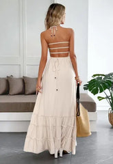 Hnewly Autumn and Winter Women's Elegant Vacation Style Strapless Neck Hanging Suspender Ruffle Stylish Long Dress 