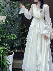 Hnewly French Fairycon Ruffles Dresses For Women's 2025 New Summer Fashion V-Neck White Long Puff Sleeve Dress Holiday Beach Vestiods