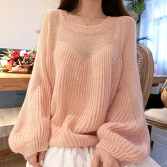 Hnewly Semi Sheer Mohair Knit Sweater for Women See-through Bell Sleeve Crewnek Pullover Women Spring Autumn Teen-girl Faircore Outfit
