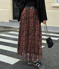 Hnewly Women's Casual Fashion Maxi Skirt Leopard Print Detail with Sheer Chiffon and Flowy Fit Suitable for Daily and Street Wear