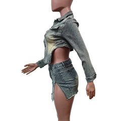 Hnewly Women Vintage Denim 2 Piece Sets Long Sleeve Short Jackets Female Casual Suits Side Split Hem Ultra-short Skirt Trend Streetwear
