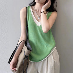 Hnewly Summer V-neck Shoulder Top Women Clothing Sweater Vest Pullover Fashion New Fake Two-piece Knit Tank Tops for Women Tops