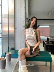 Hnewly Double Layer Mesh Lace Up Slim Waist Ruched Vest 2025 Summer New Sleeveless Tops Mujer Y2k Simple All-match Tank Top