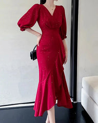 Hnewly Elegant Midi Red Mermaid Dress Women Autumn Korean Sexy V-neck Irregular Sequins Dress Vintage Casual Evening Party Dress