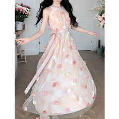 Hnewly Hanging Neck Fairy Dress For Women New Summer Sleeveless Floral Long Dress French Style Vacation Party Dress