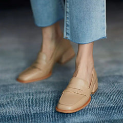 Hnewly Shoes for Woman Low Heel Elegant Women's Summer Footwear Black Loafers Normal Leather Casual Square Toe with Discount Chic
