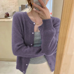 Hnewly Cold Weather Outfits Fall Solid Color Knitted Cardigan Women Korean Single Breasted Long Sleeve Jumper Woman Round Neck All Match Sweater Outwear Top