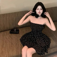 Hnewly DRESS TO IMPRESS Summer Lady Chic Fashion Ruched Mini Skirts Girls Korean Wave Point Short Dress Women Comfortable Off Shoulder A-line Dress