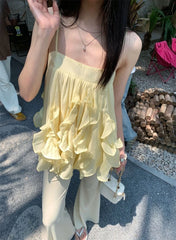 Hnewly Camis Women Sweet Ruffles Patchwork Slash Neck Backless Summer Fashion Solid Tank Tops Female French Style Chic