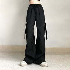 Hnewly Black Baggy Cargo Pants Harajuku Low Rise Loose Straight Pants Korean Style Streetwear y2k Trousers Aesthetic Women Basic