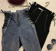 Hnewly Jeans Women Lace-up Skinny All-match Zipper Simple Trendy Ankle-Length Trousers Womens Spring Autumn Slim Female High Quality