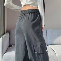 Hnewly Summer High Waist Solid Cargo Pants Women Y2K Drawstring Pocket Straight Pants Woman Fashion Simple Wide-Leg Trousers Mujer