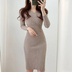Hnewly Vintage Long Sleeve Knitted Dresses for Women Party Robe Female Autumn Retro V-neck Bodycon Dress Korean Slim Waist Vestido