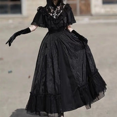 Hnewly Gothic Vintage Palace Princess Dress Elegant Hollow Out Lace Ruffles Shawl High Waist Lolita Ultra Long Dress