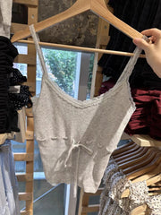 Hnewly Drawstring Knitted Cropped Tank Top Woman Sleeveless Lace Trim Cotton Thin Vest Summer Sweet Solid Simple Basic Crop Tops Y2k