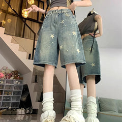 Hnewly Star Pattern Y2K Denim Shorts Women Streetwear High Waisted Wash Knee Length Jeans Woman Summer Wide Leg Shorts Female