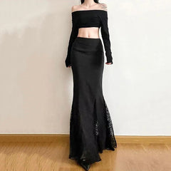 Hnewly Gothic Lace Patchwork Fisht Skirts Women Korean Sexy Slit Streetwear Black Midi Skirts Y2K High Waist All Match A Line Skirts