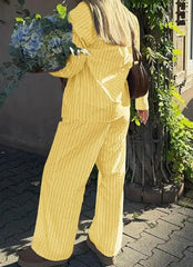 Hnewly Women's Casual Two - Piece Outfit: Striped Button Front Long Sleeve Shirt with Matching Wide - Leg Pants