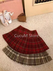 Hnewly Japanese Style Retro Spicy Girl Plaid Pleated Skirt Autumn Winter College Style Woolen Mini Skirt High Waiste Sweet Kawaii Skirt