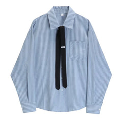 Hnewly Autumn Winter Preppy Style Long Sleeve Shirt With Tie Striped Blouse Harajuku Aesthetic Korean Tops Japanese Y2k Tomboy