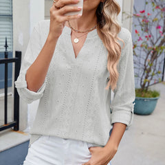 Hnewly Women's Casual Three-quarter Sleeve T-shirt V-neck Cut-out Solid Color Top with Cufflinks Versatile Commuter T-shirt