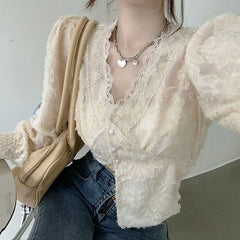 Hnewly Shirts Women Spring Design V-neck Inner Lace Tops Aesthetic Harajuku Simple Fashion Daily Tender Chemise Femme All-match Classic