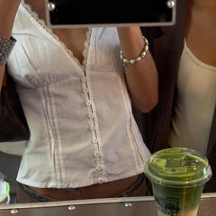 Hnewly Elegant Lace V-neck Blouse Women Vintage 2000s Button Up Short Sleeve Slim-fitting Crop Tops Summer Casual Streetwear Tee