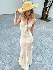 Hnewly 3d Flower Maxi Dress Women Y2K Double Deck Low-Neck Halter Bandage Backless Vacation Summer Trend Elegant Vestidos