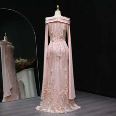 Hnewly High Quality Elegant Women Evening Off-the-shoulder Long Sleeves Mermaid 3D Flowers Sequin Prom Beads Floor Length