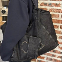 Hnewly Korean Retro Black Tote Bag Women Large Capacity Denim Shoulder Bag Ladies Letter Harajuku Simple Everyday Underarm Bag New