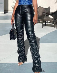 Hnewly Faux Leather Pants Cyber Y2K Vintage Stacked Zipper Side Slit Drawstring Pencil Pants Trend Streetwear Slim Outfits