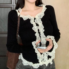 Hnewly Korean Sweet Cute Knit Crop Tops Autumn Spring Long Sleeve T-shirt y2k Fairycore 00s Retro Lace Trim O Neck Button Closure Tops