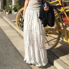 Hnewly Fashion Polka Dot Print Women Causal Long Skirts Ruffly Ruched Spliced Sweet Simple Summer New Chic Skirts
