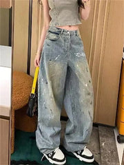 Hnewly Splatter-Paint Vintage Washed Jeans High-Waisted Baggy Graffiti Denim Pants Post-Apocalyptic Wide-Leg Drag Hem Jeans